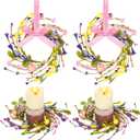 4 Pcs 9.5" Small Easter Wreaths for Cabinet Mini Spring Artificial Easter Egg Wreath with Forsythia Flowers and Ribbon Bow for Spring Kitchen Front Door Porch Window Wall Cabinet Decor