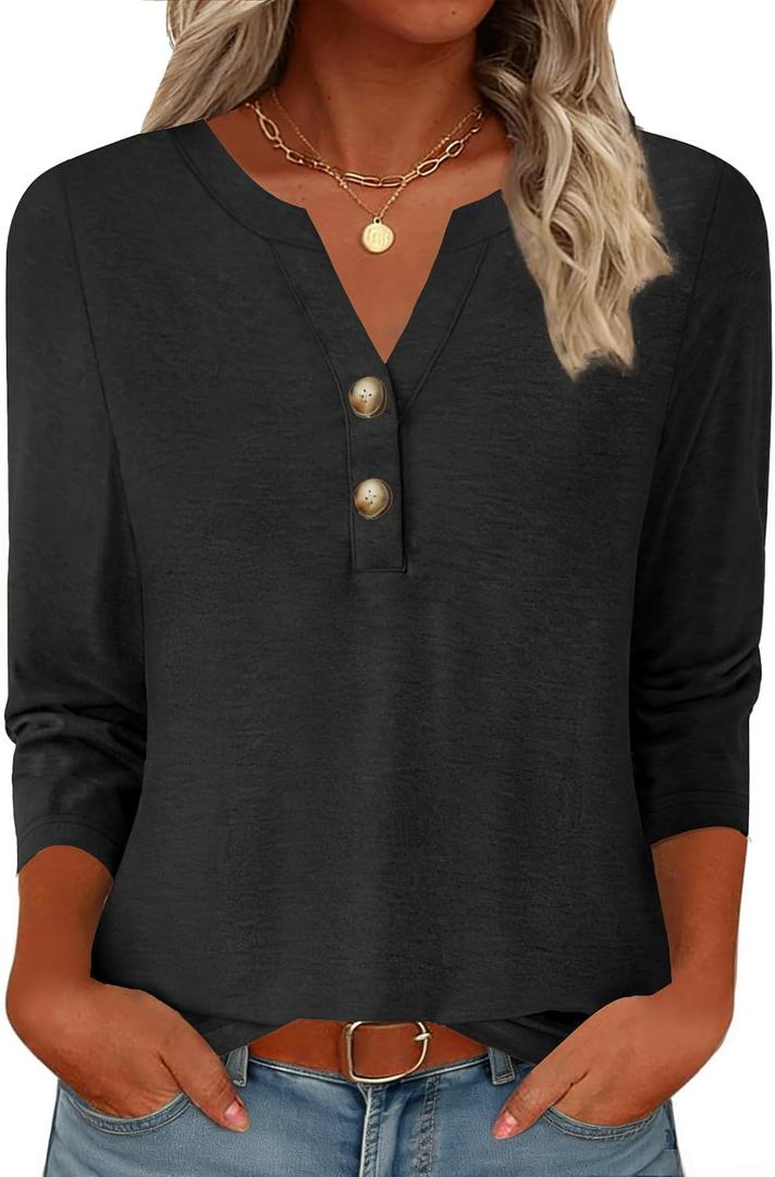 GKBK Womens Tops 3/4 Sleeve V Neck Button Down Henley Shirts Business Casual Outfit Basic Tees Summer Top 2026, Black, XX-Large