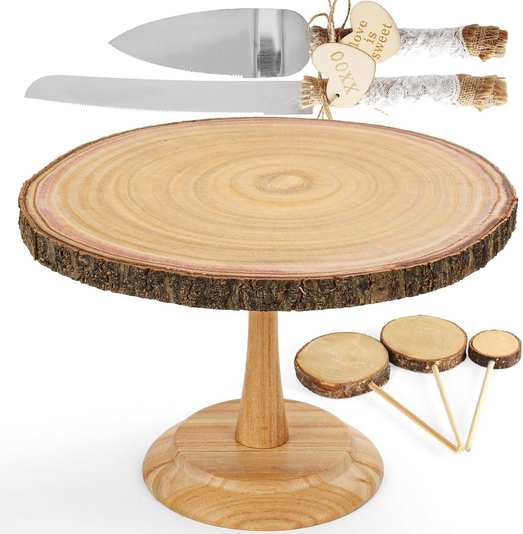 Wood Cake Stand- /w Wooden Slice Cake Topper and Cake Cutting Set, 12 Rustic Wedding Cake Stand, Wooden Cake Stand for Wedding Receptions or Any Special Events