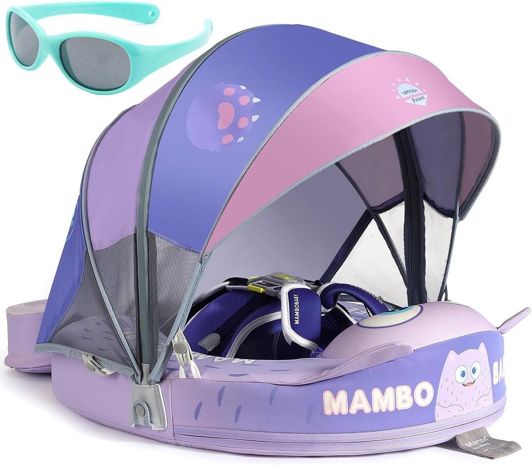 Mambobaby Float with Canopy and Tail New Upgraded Non-Inflatable Baby Pool Float Mambo Float Swim Trainer Solid Infant Swim Float Adjustable Pearl Foam Baby Swim Ring (Monster Purple)