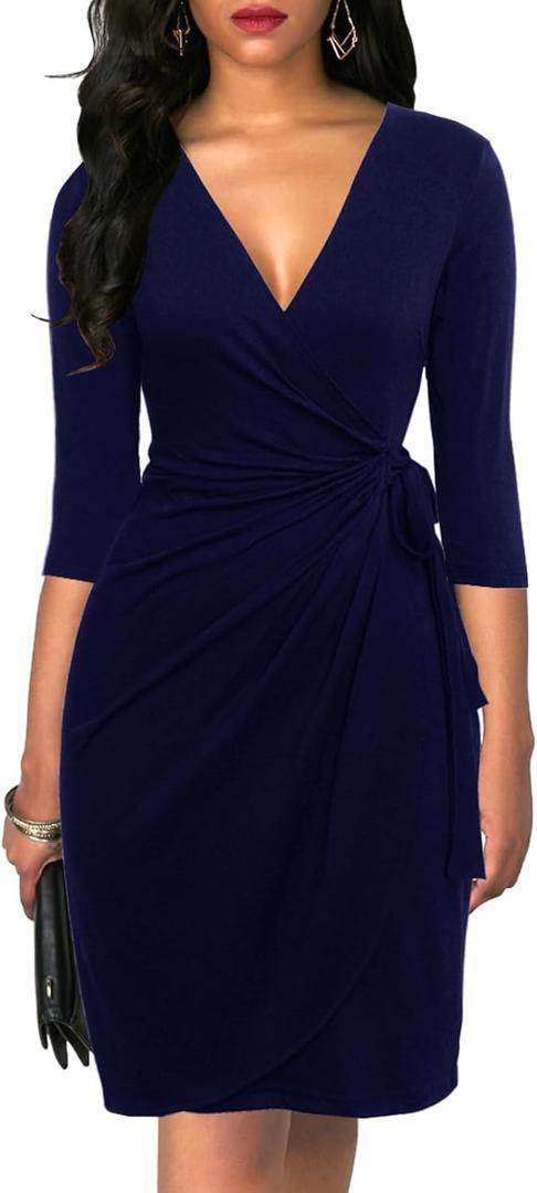 Berydress Women's Classic 3/4 Sleeve V Neck Sheath Casual Party Work Faux Black Wrap Dress Medium
