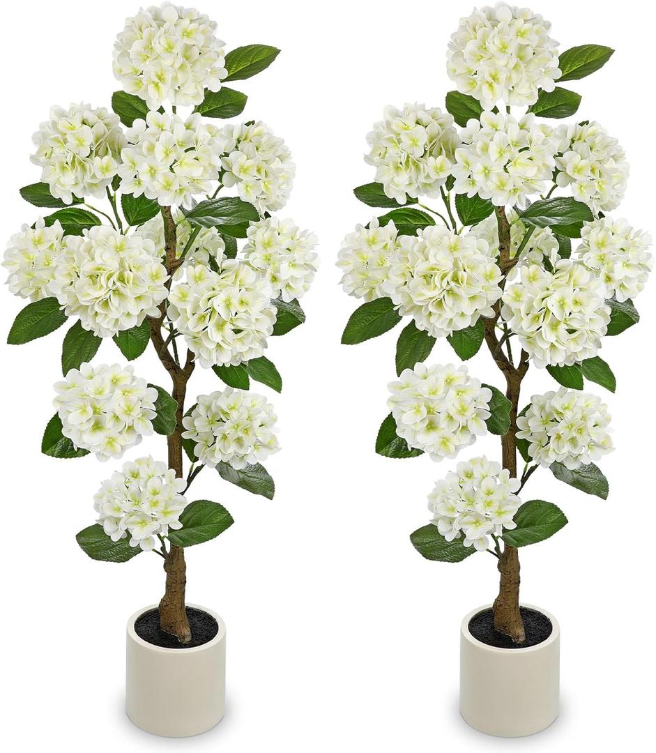 4FT White Hydrangea Artificial Flowers Tree Large Real Touch Faux Silk Hydrangea Plants Potted Fake Flower in White Pot for Home Indoor Outdoor Front Porch Garden Entrance Living Room Decor, 2 Pack