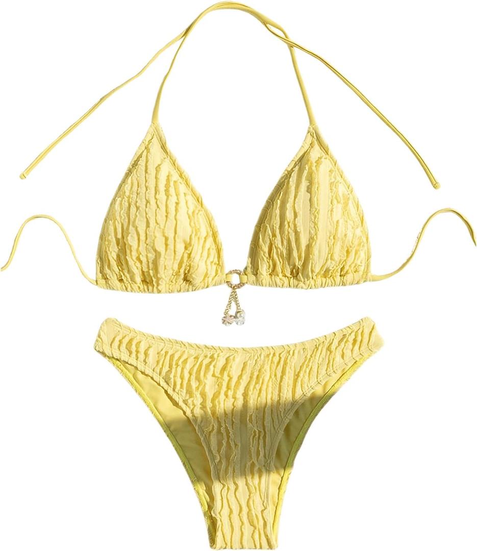 SHENHE Women's Two Piece Bikini Set Tie Back Textured Cheeky Halter Swimsuits Swimwear (Large, Yellow)