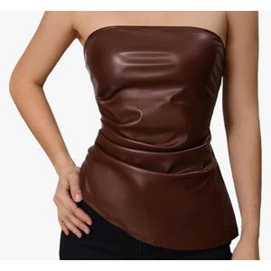 Women's Leather Corset Tops Strapless Tube Asymmetrical Ruched Backless Crop Going Out Tops Medium