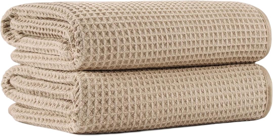 New Microfiber Waffle Bath Towels, 2 Pieces, Oversized, Soft, Absorbent, Fast Drying, Lint Free 430 GSM (Beige)