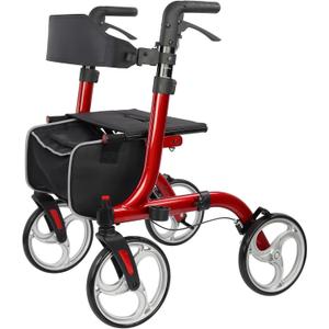 Rollator Walkers for Seniors-Folding Rollator Walker with Seat and Four 10inch Wheels-Medical Rolling Walker with Comfort Handles and Thick Backrest-Lightweight Aluminium Frame and Basket (Red)