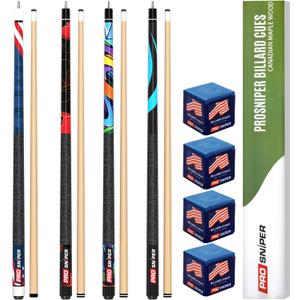 Prosniper Premium Pool Sticks Set of 4 | 58-Inch, 19-Oz Canadian Maple Pool Cue with Low-Deflection Shaft & 4 Extra Chalks | Pro-Grade Billiard Cue for Home & Bar Play