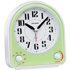 Peakeep Analog Alarm Clock Non-Ticking Silent, Optional 7 Wake-up Sounds with Volume Control, Nightlight and Snooze, AA Battery Operated (Green)