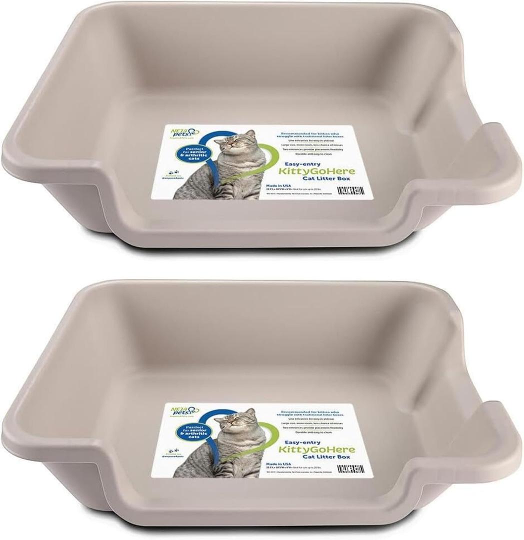 KittyGoHere 2.0 Easy Entry Cat Litter Box, 2 Pack Large Misty Gray | Large Open - Top Low Entrance Litter Pan With Higher Sides & Two Entrances Durable Design for Easy Cleaning, Made in USA