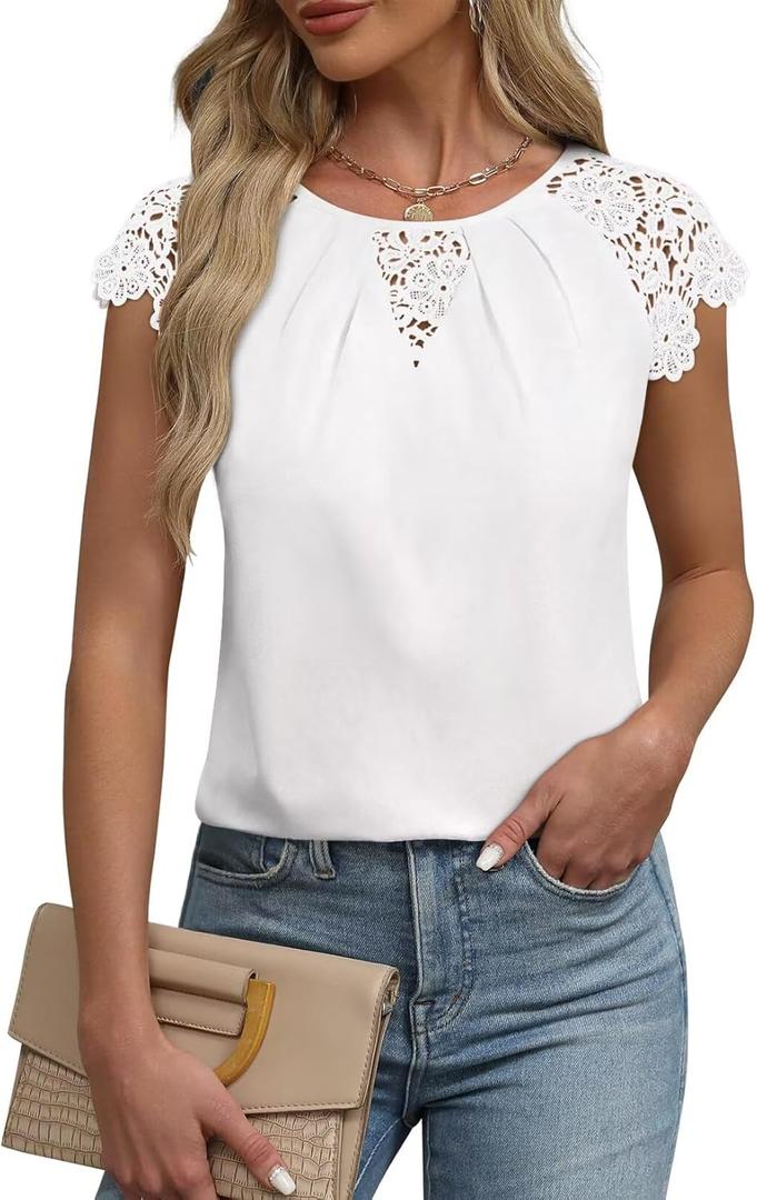 Falechay Womens Summer Tops Casual Lace Short Sleeve Blouses Crewneck Cute Flowy Babydoll Bohemian Trendy Tunic Shirts (X-Large, White)