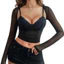 Avidlove Mesh Cami Top with Shrug Long Sleeve Sheer Crop Tops Sexy Low Cut Camisole Going Out 2 Pieces Clubwear Black M