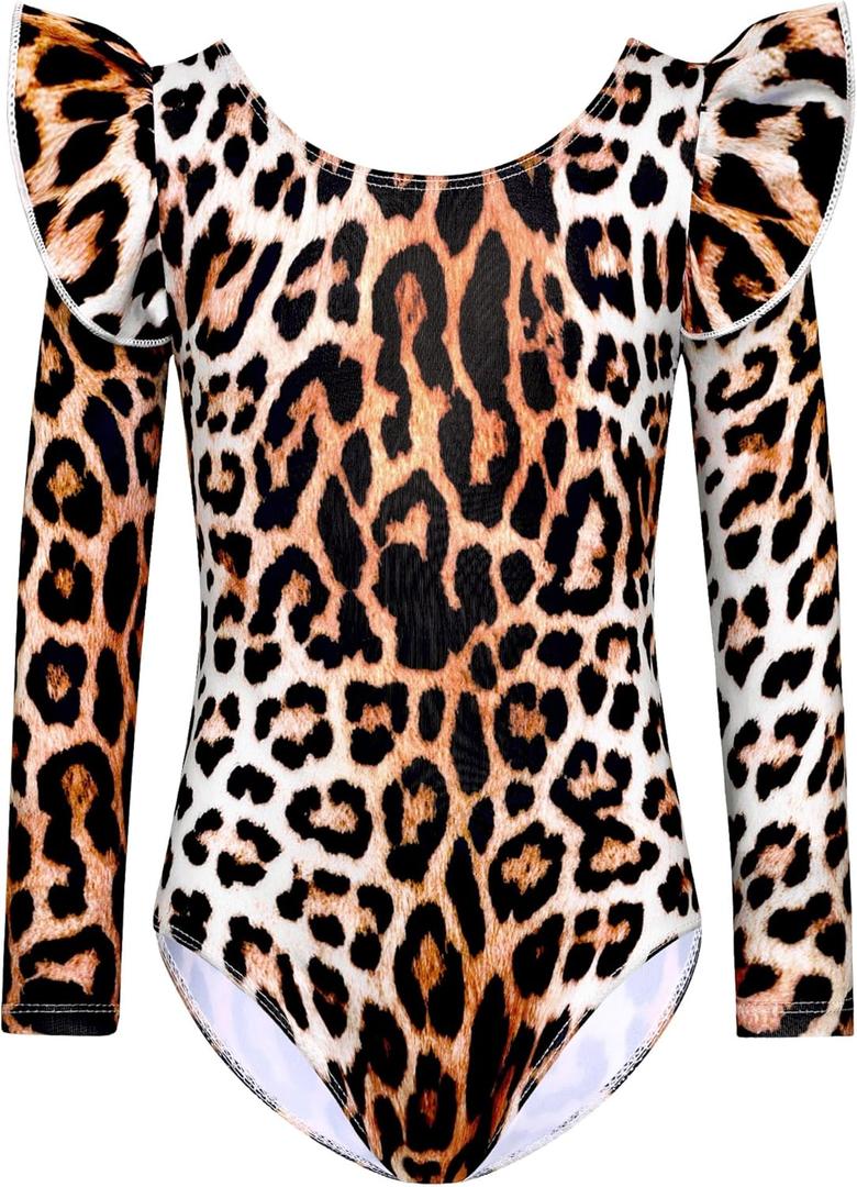 Long Sleeve Leotards for Girls with Ruffle 4D Stretch Ballet Dance Gymnastics Tumbling Wear Size 110 (Black Leopard)