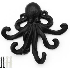 Octopus Cast Iron Wall Hook  Nautical Decorative Key Holder, Coastal Ocean Theme Wall Hanger for Entryway, Bathroom, or Bedroom, Heavy Duty Black Metal Hook
