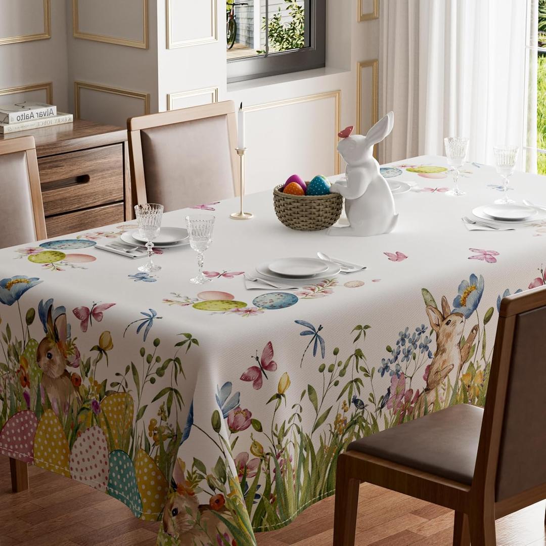 Easter Cute Bunny Eggs Flower Butterfly Watercolor Rabbits Tablecloth Rectangle Washable Table Covers for Spring Indoor Outdoor Dining Table Home Party Decorations 60x84 Inch