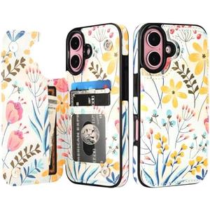 HAOPINSH for iPhone 16 Wallet Case with Card Holder, Floral Flower Pattern Back Flip Folio PU Leather Kickstand Card Slots Case for Women Girls, Double Magnetic Clasp Shockproof Cover 6.1"
