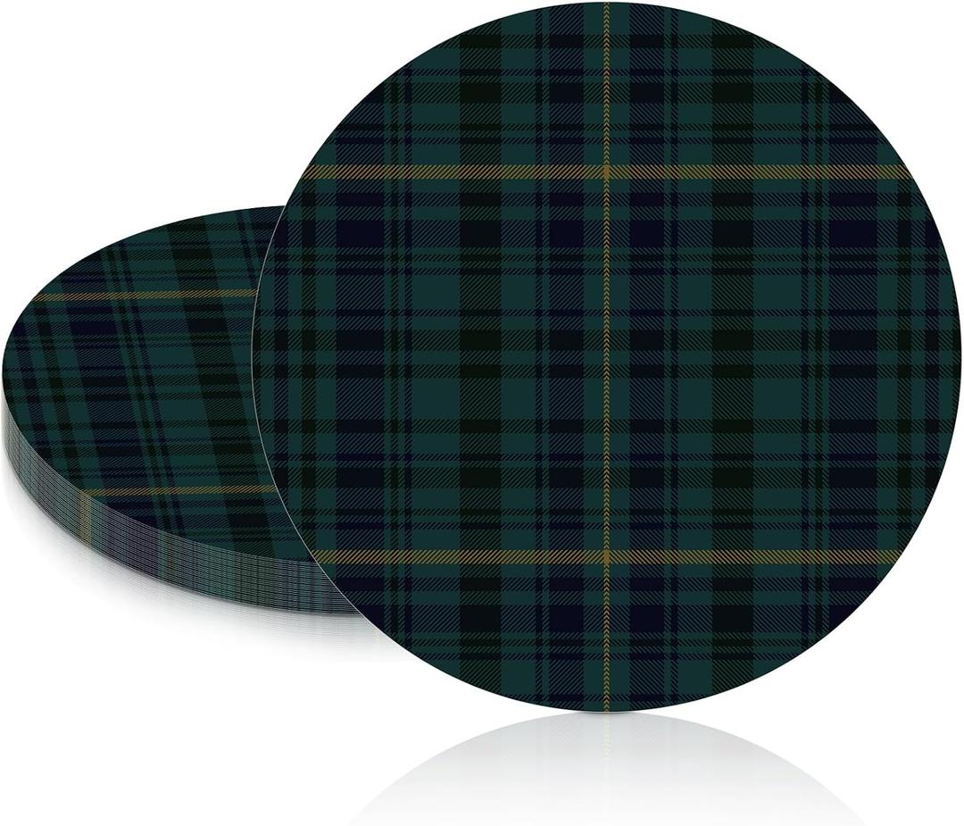 100 Pcs Tartan Plaid Disposable Placemats 13 Inch Round Green Plaid Paper Placemats Tartan Themed Party Favors Ideal for Baby Shower Bridal Birthday Wedding Party Supplies