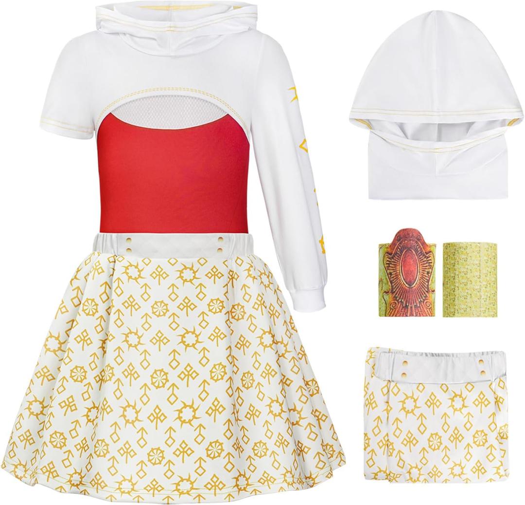 Girls Zombies Nova Costume Kids Halloween Cosplay Top Pant Dress Hooded Coat 3PCS Outfit Include Bracelet (7-8 Years, Red and White Style1)