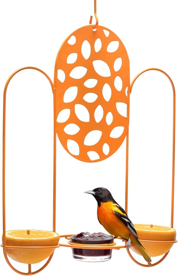 MEKKAPRO Temple Oriole Feeder for Outdoors, Jelly and Orange Metal Bird Feeder, Unique Laser Cut Design and Bright Color, Open Top Hook, UV-Resistant Powder-Coated Steel