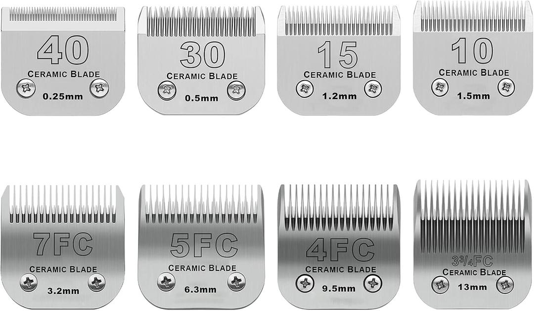 Size 40/30/15/10/7FC/5FC/4FC/3FC Detachable Pet Dog Grooming Clipper Ceramic Blades Set,Compatible with Andis,Oster A5,Wahl KM10 Series Clippers,Cut Length 1/100"(0.25mm) to 1/2"(13mm),8 Pack