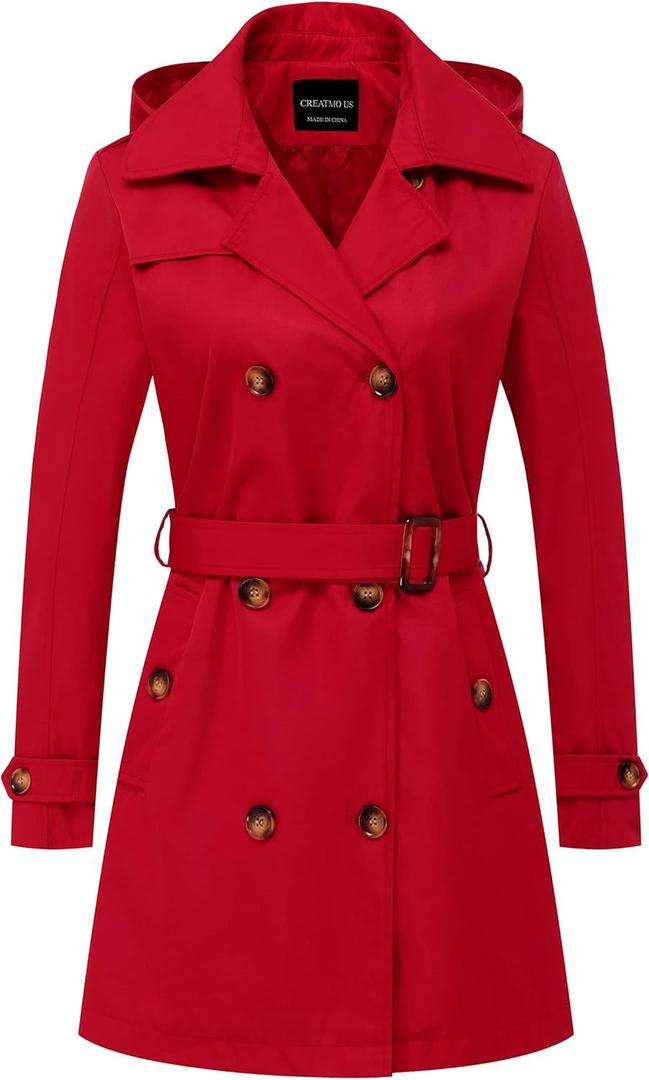 CREATMO US Women's Trench Coat Double-Breasted Classic Lapel Overcoat Belted Slim Outerwear Coat with Detachable Hood (Medium, Red)
