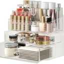 LAMU Makeup Organizer with Large Drawers, Bathroom Counter Skincare Organizer for Vanity,Storage Box with Handle, Cosmetic Display case for Vanity Countertop, Skincare Perfume Storage, Clear