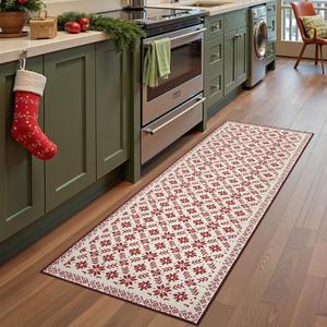 jinchan Knit Look Christmas Runner Rug 2x6 for Kitchen Red Holiday Rug for Hallway Bathroom Snowflake Printed Xmas Decor Washable Runner for Entryway Laundry Room Bedroom Non-Slip Red on Ivory