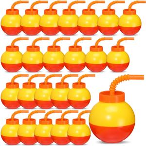 Amyhill 24 Set Fishing Bobbers Cups with Straws and Lids Red and Yellow Fishing Birthday Party Decorations 10 oz Plastic Cups for Kids Fishermen Birthday Party Favor