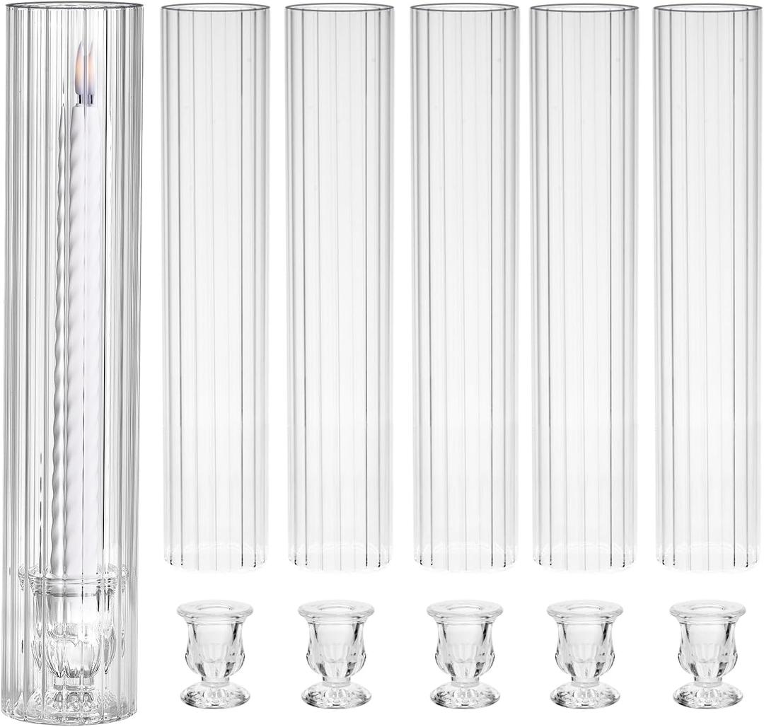 CHILL RECIPE Hurricane Glass Candle Holders-Set of 6 Tall Taper Candle Holder with 12 Tall Clear Cylinder Covers for Wedding Table Centerpiece Home Decor (Floral Base+Ribbed Chimney)