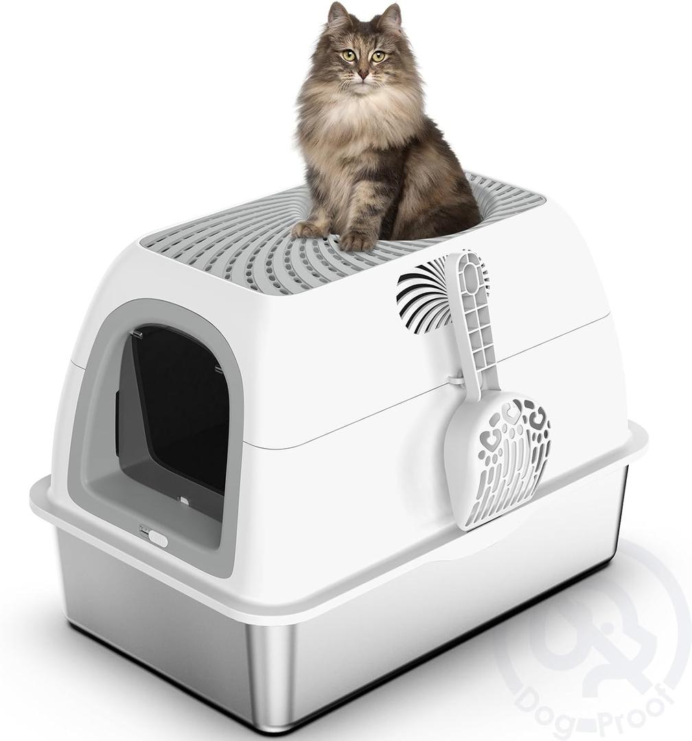 Stainless Steel Top Entry Litter Box with Dog-Proof, Hooded Stainless Steel Litter Box with Filter Lid & Scoop for Low Tracking, Enclosed Cat Litter Boxes for Anti-Leakage Metal Litter Pan