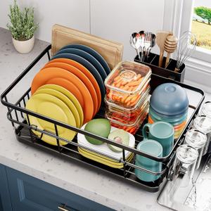 Dish Drying Rack for Kitchen Counter, Large Dish Drying Racks with Drainboard, Kitchen Sink Dish Rack, Countertop Dish Drainer Rack with Cup & Cutlery Holders, Dish Dryer Rack 16.5*12.4*8.3 Black