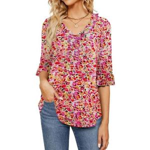 Poetsky Women's 3/4 Sleeve Tops Casual V Neck Shirts Loose Ruffle Tunic Blouses, L