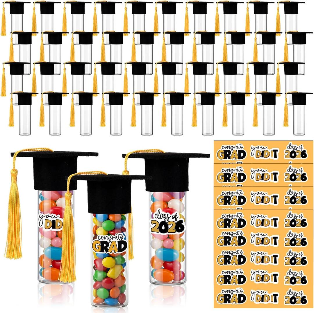 LemonRoad 60 Set 2026 Graduation Candy Tubes Graduation Party Favors Candy Container with Lid Glass Bottles Gold Mini Graduate Caps Decorative Stickers for DIY Class Celebration Table Gift Supplies