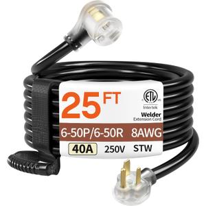 25FT 40 Amp 8 Gauge 3 Prong Welder Extension Cord, NEMA 6-50P to NEMA 6-50R, Heavy Duty 250V Welding Extension Cable with LED Indicatorfor Lincoln, Plasma, Miller, STW, ETL Listed