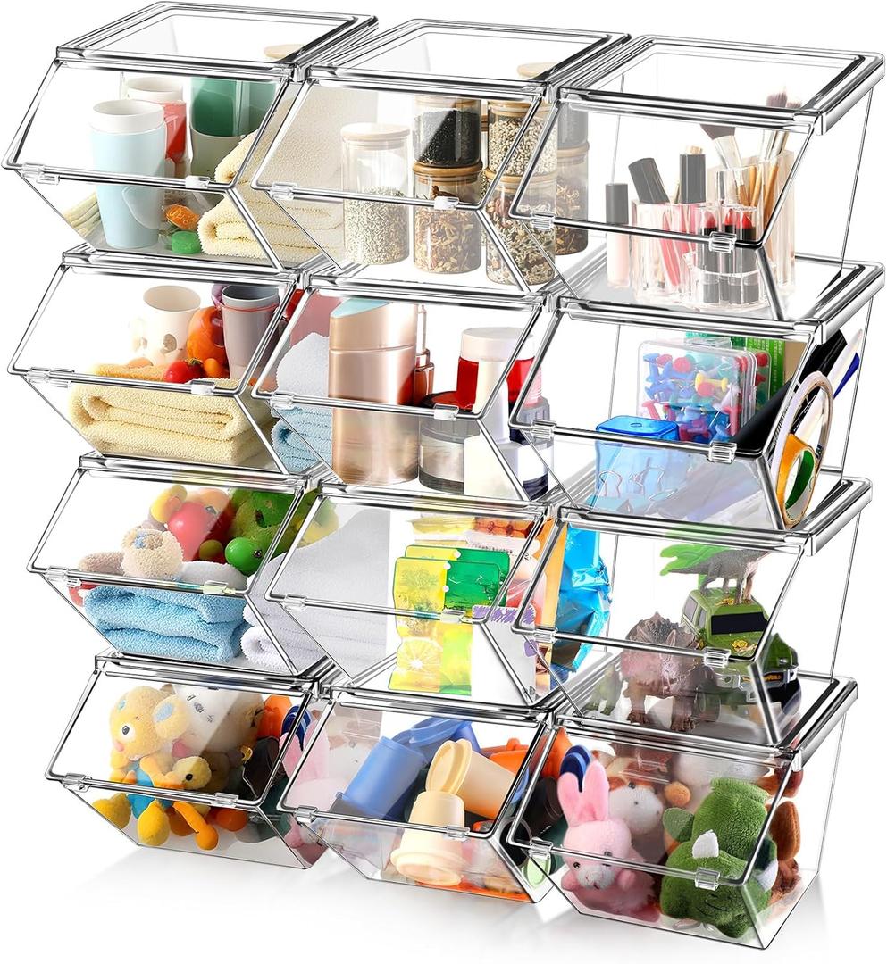 Yerliker 12 Pcs Clear Plastic Storage Bins with Lids Large Stackable Pantry Storage Organizer Bins Kitchen Organization Cabinet Organizers Ideal Containers for Fridge, Kitchen, Cabinets (Clear)