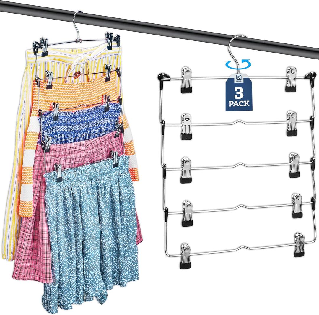 Zober 5-Tier Skirt Hangers with Clips - Metal, Non-Slip Space Saving Pants Hangers W/Adjustable Clips & Swivel Hooks - Skirt Hangers for Women (3-Pack) (Sliver - 5 Tier)