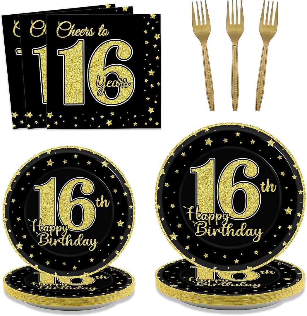 96 Pcs 16th Birthday Party Supplies for 24 Guests Cheers to 16 Years Tableware Table Decorations Black Gold 16th Birthday Plates Napkins Dinnerware for Boys Girls 16 Years Old Birthday Party Favor
