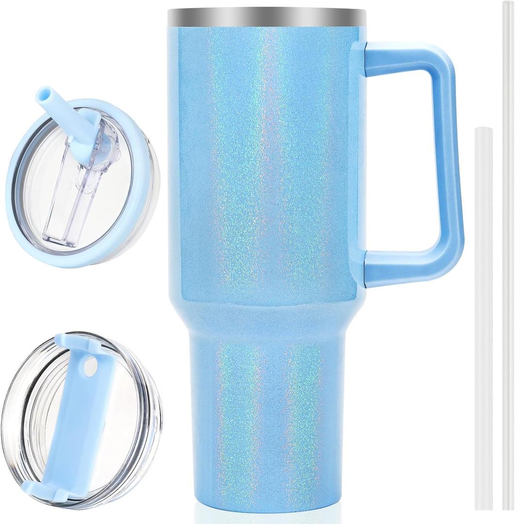 40 oz Tumbler with Handle and Flip Straw Lid, Vacuum Insulated Leak Proof Double Walled Stainless Steel Glitter Travel Mug Tumblers, Maintains Cold Ice and Heat for Hours(Blue)