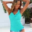 Womens Elegant Tankini Set Modest Tummy Control Ruffle Tank Top High Waisted Bottom (Teal, L)
