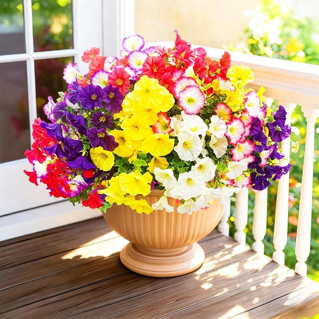 14 Bundles Artificial Flowers for Outdoor, Faux Flowers Silk Morning Glory with Eucalyptus Realistic UV Resistant Spring Flowers for Patio, Garden, Porch, Window Box, Decoration (Mixed Colors)