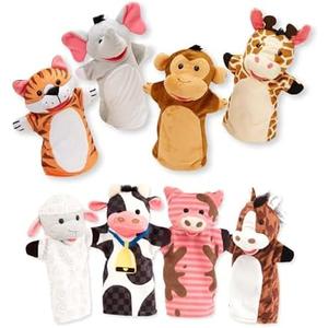 Melissa & Doug Animal Hand Puppets (Set of 2, 4 Animals in Each) - Zoo Friends and Farm Friends