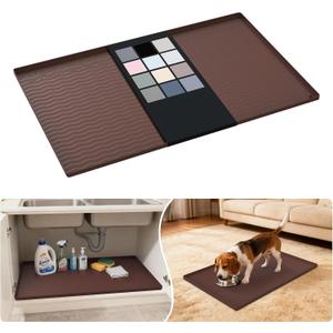 URMONA Waterproof Silicone Under Sink Mat 34'' x 22'' Shelf Liner for Kitchen and Bathroom, Cabinet and Counter Protector, Storage and Organizers, Litter Mat, Pet Cat Puppy Essentials(Brown)