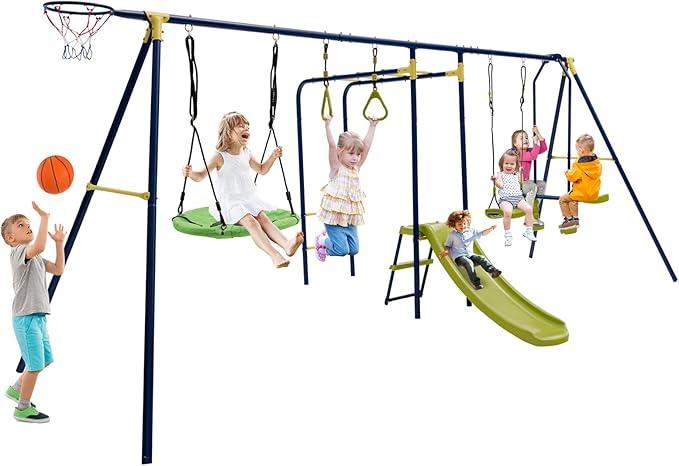 Costzon 660 lbs Swing Sets for Backyard, 7-in-1 Heavy Duty Extra Large Metal Swing Frame w/2 Swings, Glider, Gym Rings, Slide, Monkey Bar