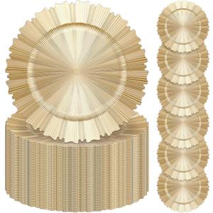 Mifoci 100 Pcs Champagne Gold Charger Plates Bulk 13 Inch Plastic Round Chargers Fluted Edge Dinner Plate Wedding Decoration for Table Setting Wedding Party Event Tabletop, about 13 x 0.8 inches