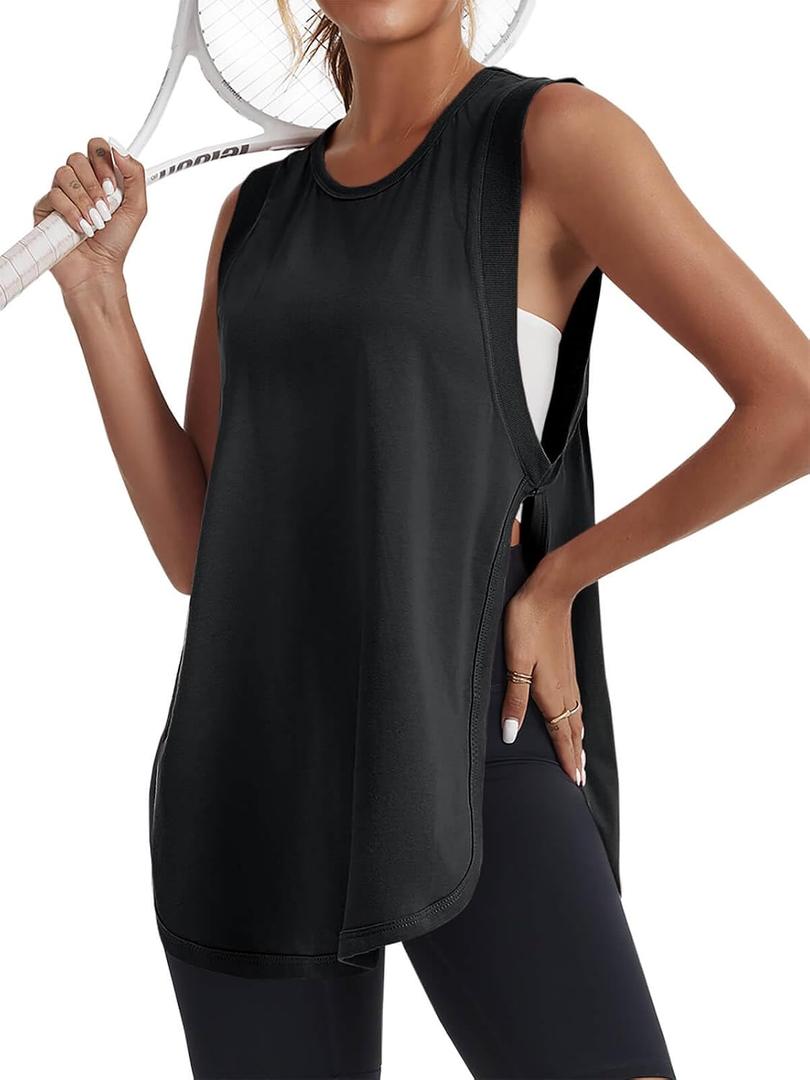 Tankaneo Women Oversized Sleeveless Side Slit Workout Summer Long Tank Tops (Black, S)