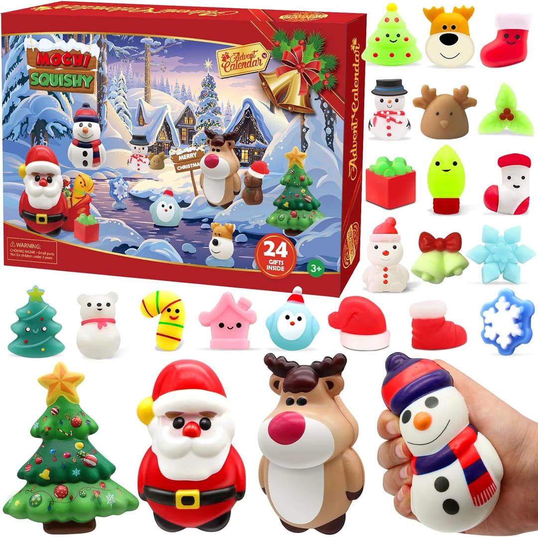 Christmas Advent Calendar 2025 with 4 Cute Jumbo and 20 Mochi Squishy Assorted Toys, 24 Days Countdown Calendar, Xmas Stocking Stuffers Gifts for Thanksgiving Boys Girls Christmas Party Favor