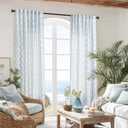Coastal Curtains for Living Room Bedroom,Light Blue and White Floral Striped Farmhouse Linen Printed Sheer Patterned Beachy Summer Curtains for Beach Room Decor,50 x 84 Inch Length 2 Panels Set