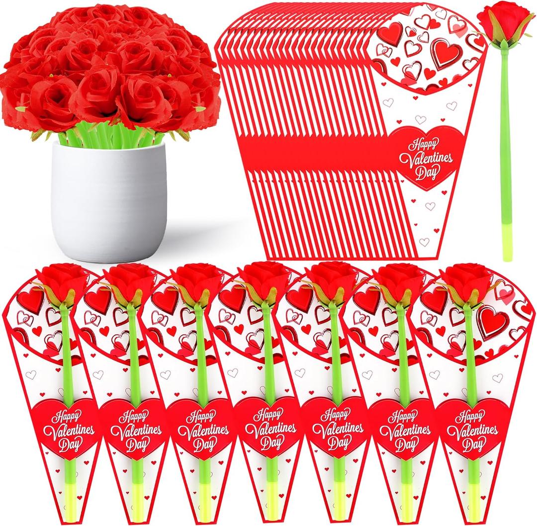 30 Set Valentine's Day Gift Flower Rose Pens with Cards for Women Teacher Cowork Valentine's Day Party Favors School Classroom