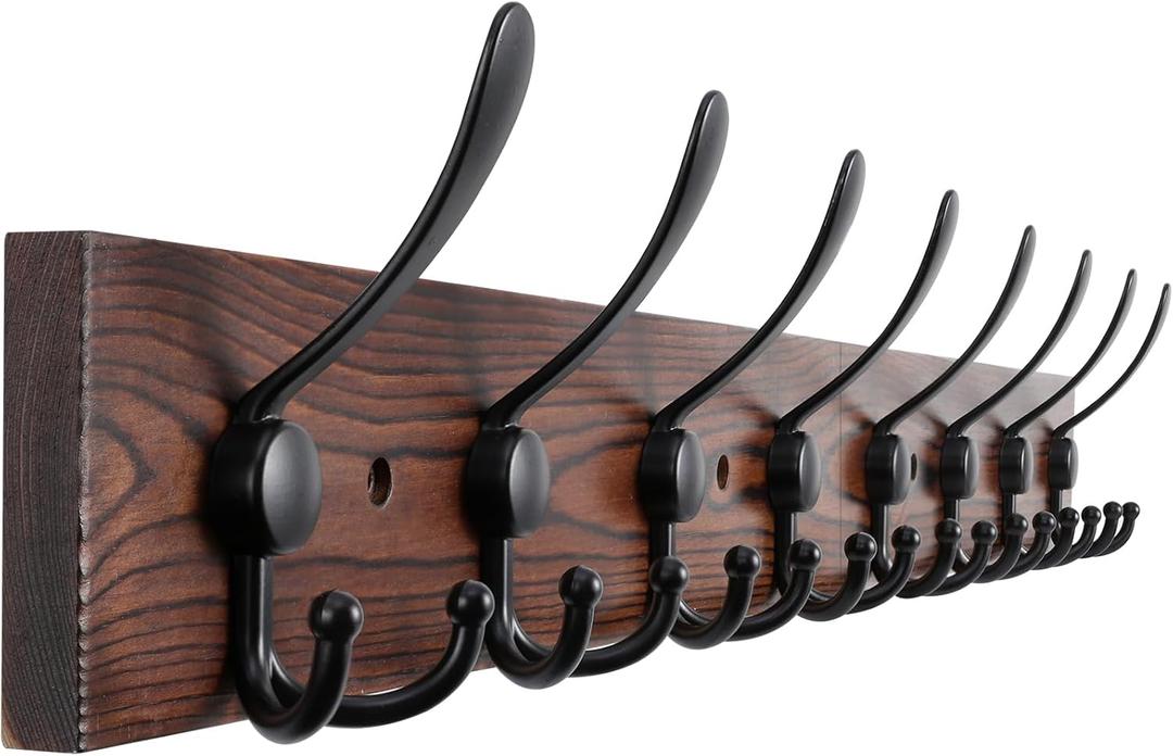 Kuhome 32.2'' Large Coat Rack Wall Mount Coat Hooks Coat Hanger with 8 Metal Black Triple- Hooks Brown Pine Real Wood Plank Hat Rack for Wall Hooks for Hanging Coat Hat Jacket