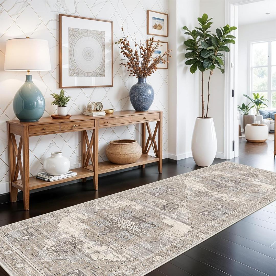 RUUGME Washable 3X8 Runner Rugs - Large Boho Rugs for Living Room Stain Resistant Carpet Vintage Tribal Rugs for Bedroom Kitchen Bathroom Non Slip Backing Home Decor Floor Decoration Mat 3x8 Beige