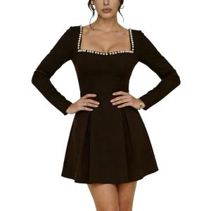 Womens Long Sleeve Faux Pearl Black Mini Dress Square Neck A Line Elegant Short Wedding Party Dresses (Black, L)